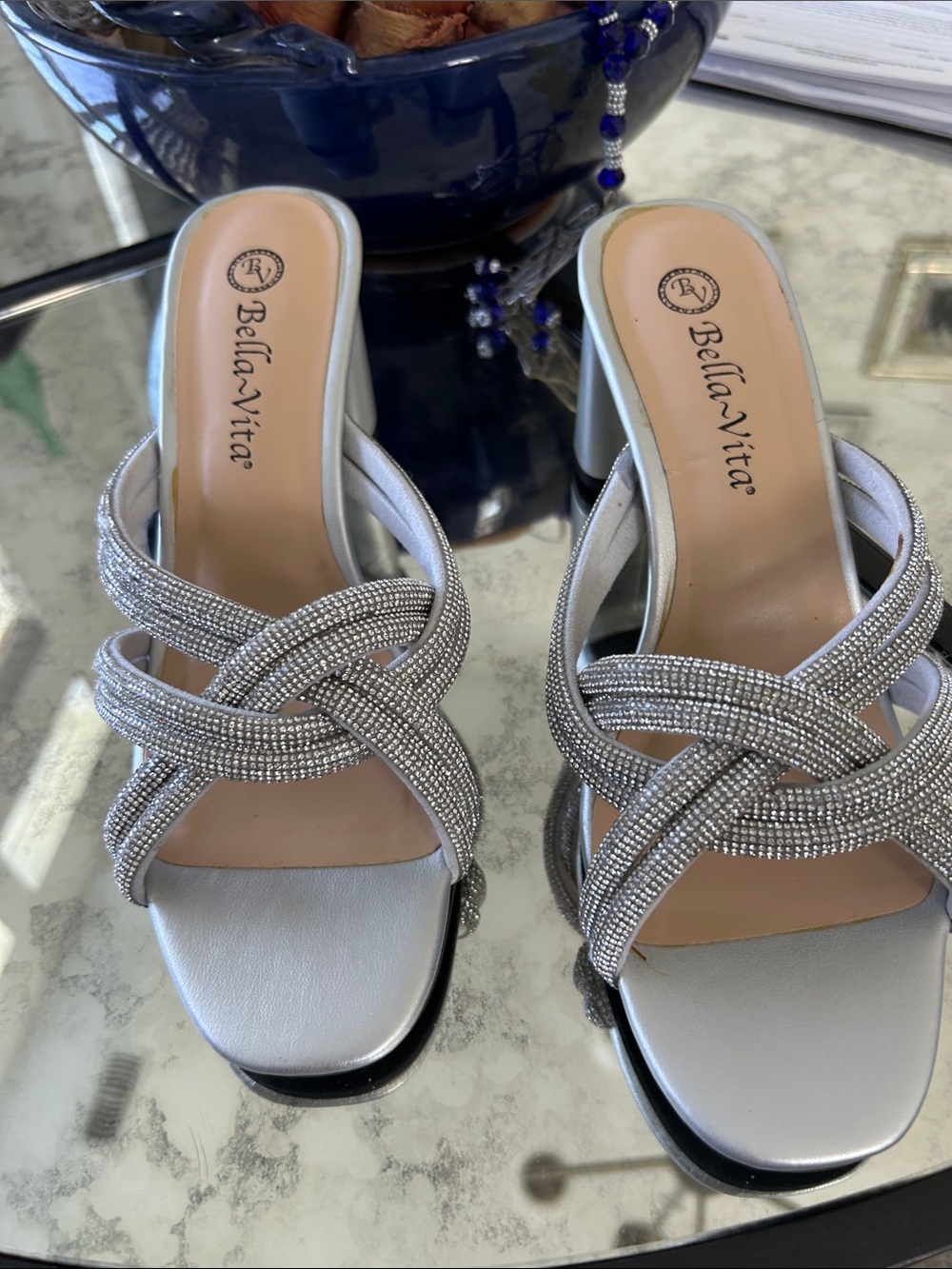 Bella Vita Silver Crystal-Strap Block Heel Mules